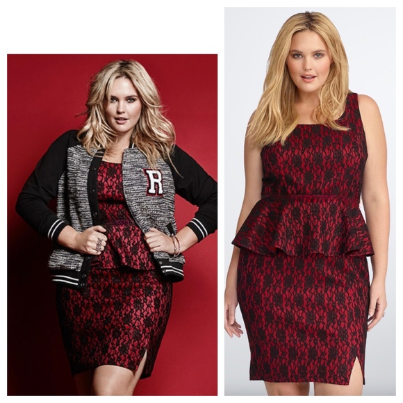 Rebel Wilson For Torrid Dress Sz 18 1X 2X Peplum Lace Red Black Slvlss CHIC - Picture 1 of 5